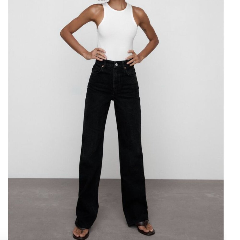 NWT ZARA TRF HIGH RISE WIDE LEG JEANS BLACK - Picture 1 of 4